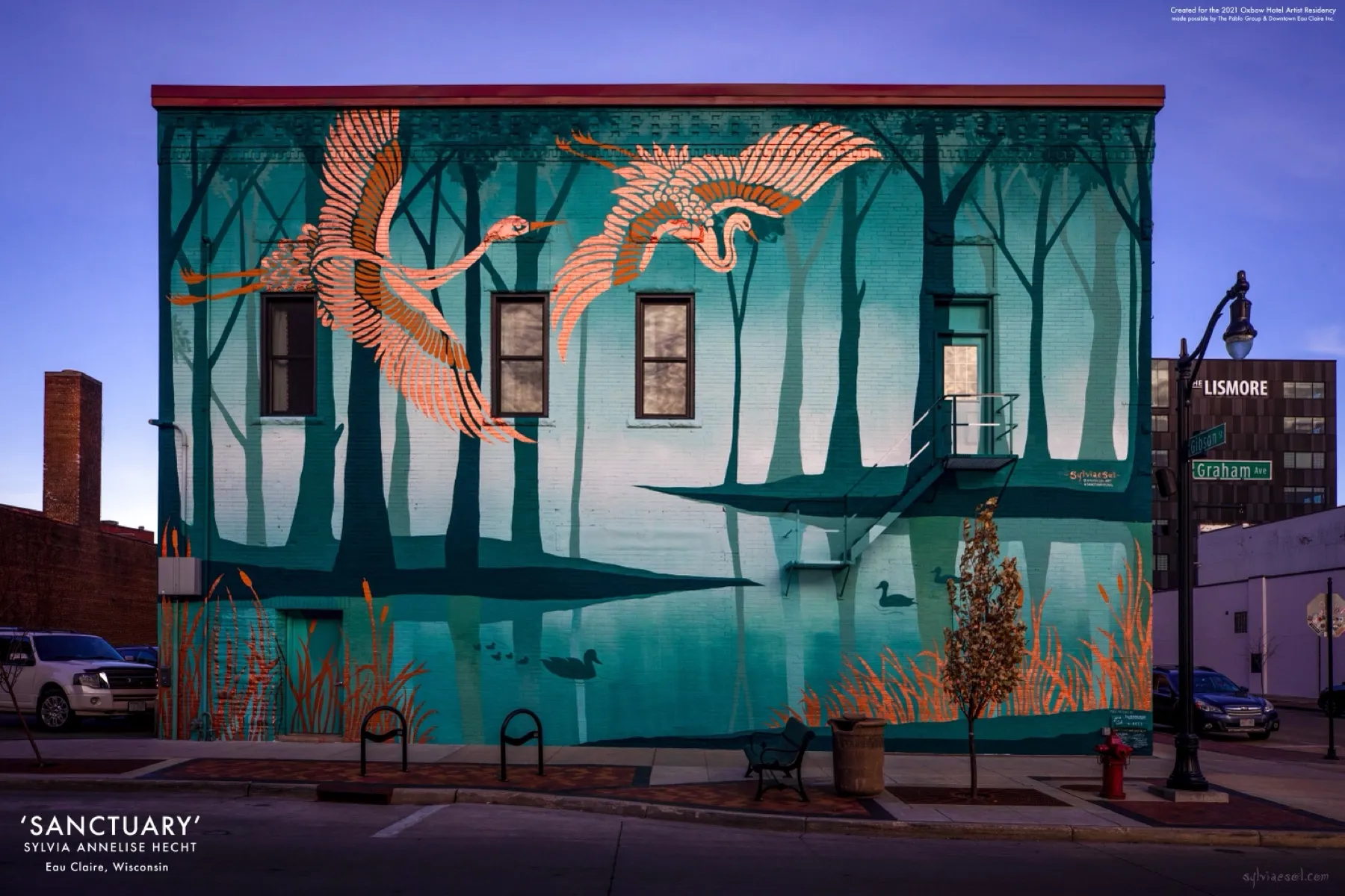 Building-scale mural of two sandhill cranes flying over a teal forest, wrapping the windows of a downtown building.