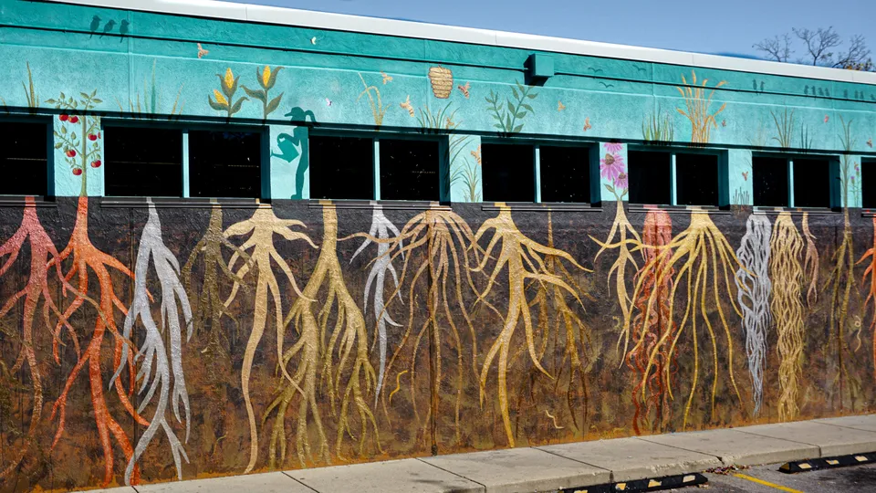 Roots of Our Community mural detail: a row of silhouetted figures above layered root systems on the lower wall.