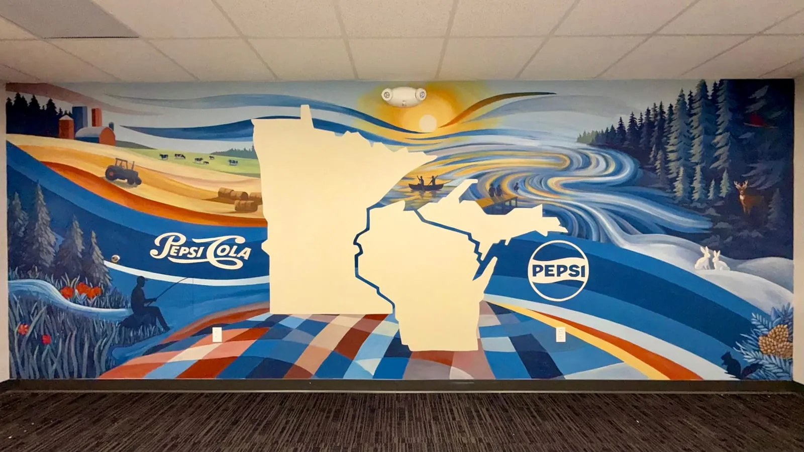 Office mural of the Upper Midwest marketplace: cream silhouettes of Minnesota, Wisconsin and the Upper Peninsula over a red barn and tractor in harvest fields, a fisherman, a canoe on the water, north-woods pines with a deer, snowshoe hares in winter, and a plaid ground with Pepsi-Cola lettering.