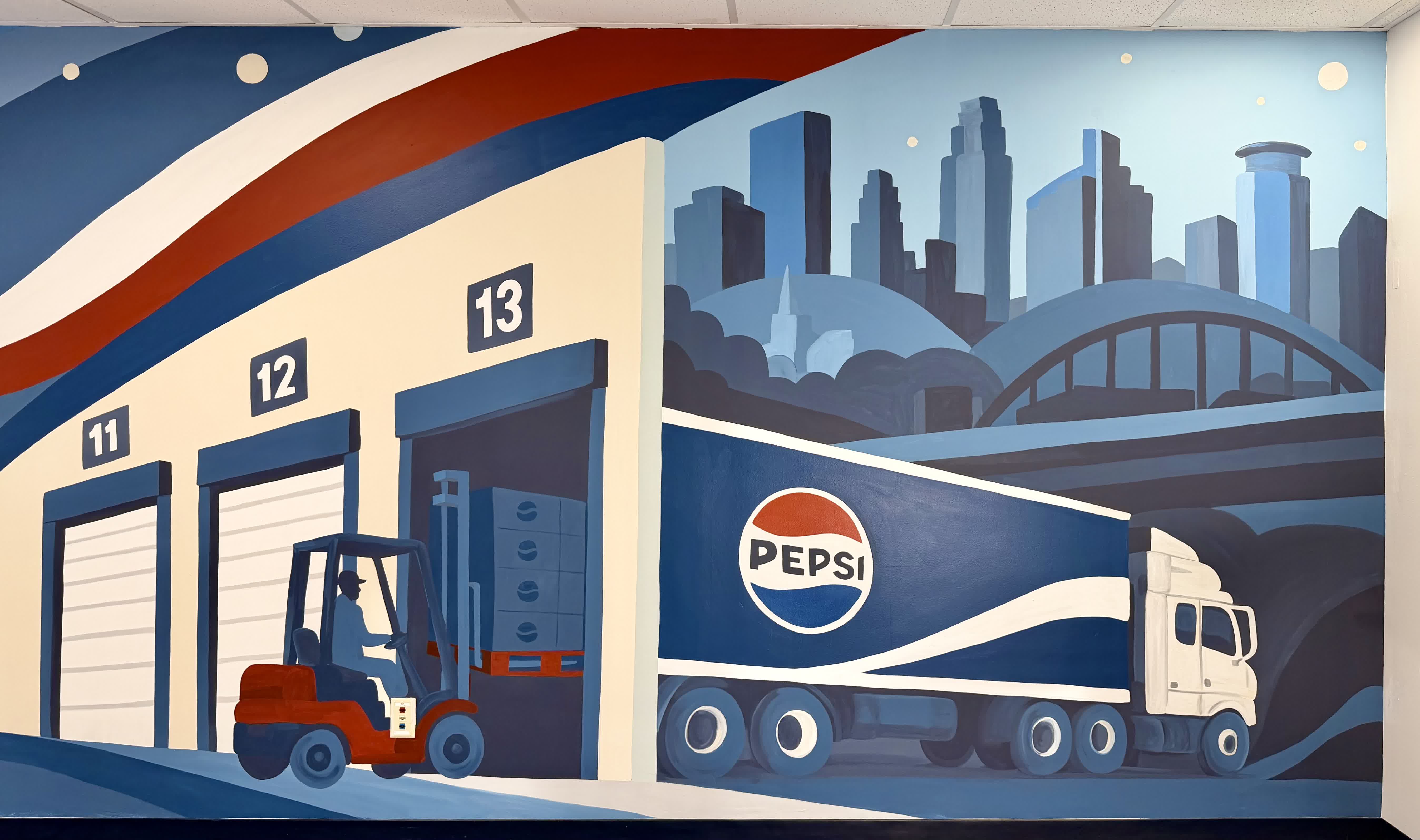 Detail of the production mural: three numbered warehouse dock doors marked 11, 12 and 13 in cream and navy, a red forklift carrying a pallet of Pepsi cases through the open door, and a Pepsi semi trailer pulling away beneath the Minneapolis skyline and an arched bridge.