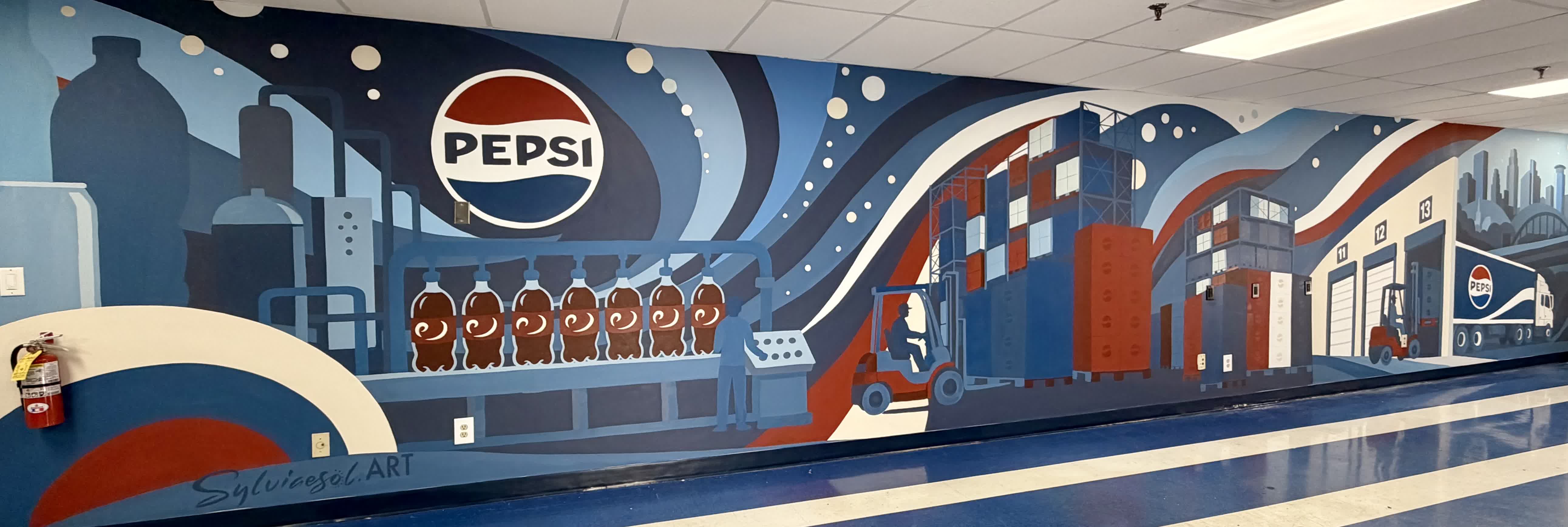 Wide mural in a Pepsi warehouse training room: a bottling line filling seven bottles, a worker at a control panel, a red forklift, stacked pallets in racking, numbered loading dock doors, and a Pepsi delivery truck under a blue and red ribbon with a large Pepsi globe.